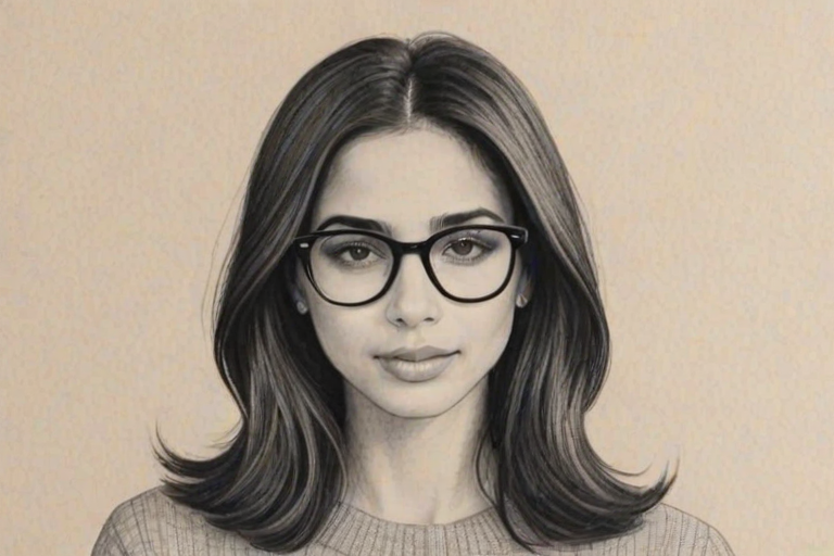 Charming Naomi Scott, pencil sketch, portrait of Enticing woman 1968s in glasses, hair style beatnik, outline, clear lines, fine lines, 8k