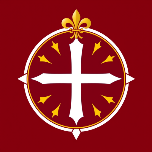 Create a high-resolution digital illustration of a circular emblem featuring a starburst design with a central white cross, surrounded by a maroon background and a decorative gold fleur-de-lis on top, using a DSLR camera at f/8 aperture, ISO 100, with a 50mm lens, shot in clear daylight for vibrant colors and sharp details.