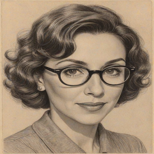 Delightful Andrea Martin, pencil sketch, portrait of Pleasing woman 1936s in glasses, hair style beatnik, outline, clear lines, fine lines, 8k