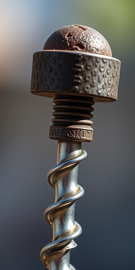 Create a high-resolution image of a corkscrew with a detailed, realistic texture, shot with a Canon EOS R5 at f/8, ISO 100, 1/125s, using a macro lens for close-up detail, in natural light to enhance the shadows and highlights.