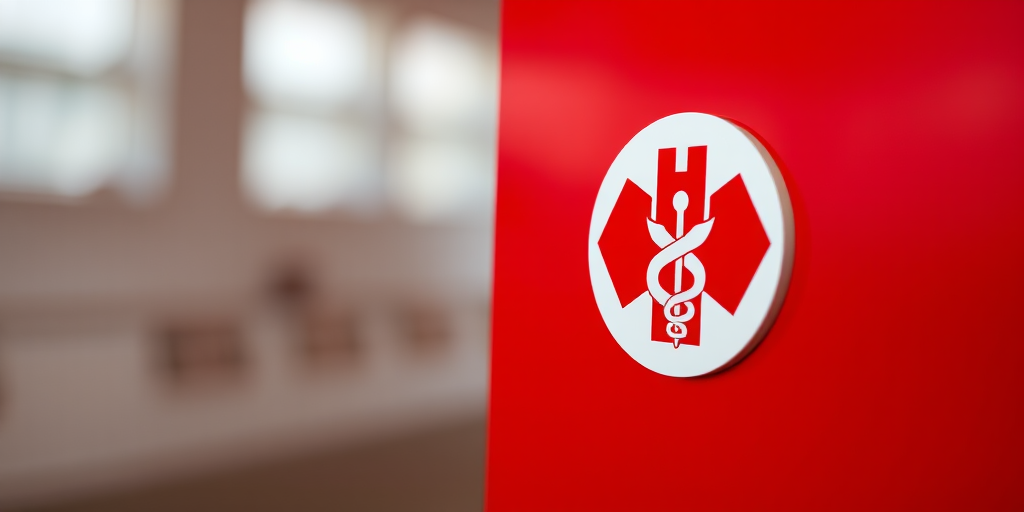 Create a high-resolution image of a red and white logo featuring a stylized letter H and a caduceus symbol, using a DSLR camera with a 50mm lens at f/2.8, ISO 100, and a shallow depth of field, shot from a straight-on angle with soft, diffused lighting.
