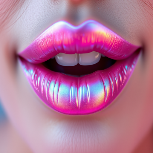 Ethereal iridescent lips shifting from pink to blue, gossamer-thin shimmer overlay, ethereal and otherworldly appearance, magical Fairy Wing Shimmer style