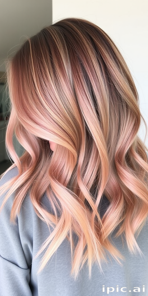 Soft rose gold lob named "Blush Horizon" with subtle root shadow and tousled waves, styled with a deep side part and effortless lived-in texture