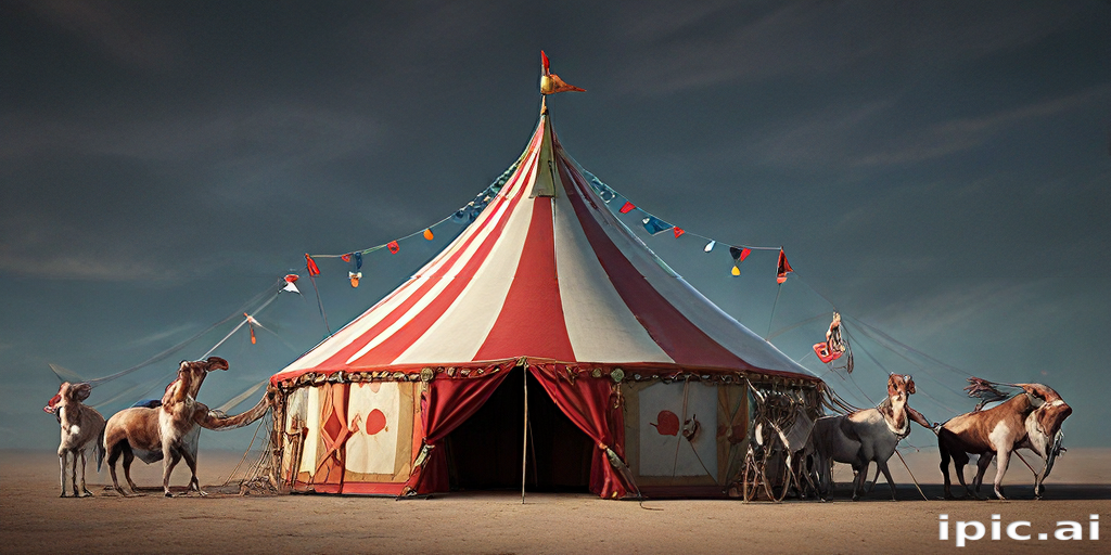 Colorful Circus Tent Surrounded by Camels in a Desert Landscape