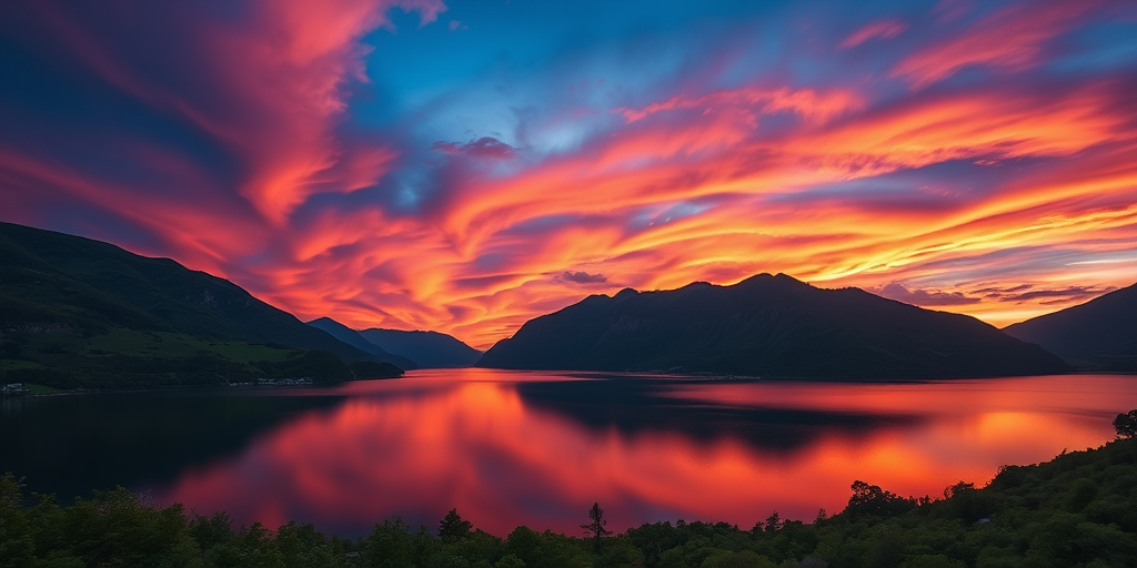 Generate a high-resolution image of a serene landscape at sunset, with vibrant orange and purple skies, a calm lake reflecting the colors, surrounded by lush green mountains, captured with a Canon EOS 5D Mark IV, f/8 aperture, ISO 100, 1/250 sec shutter speed, capturing a wide-angle view.