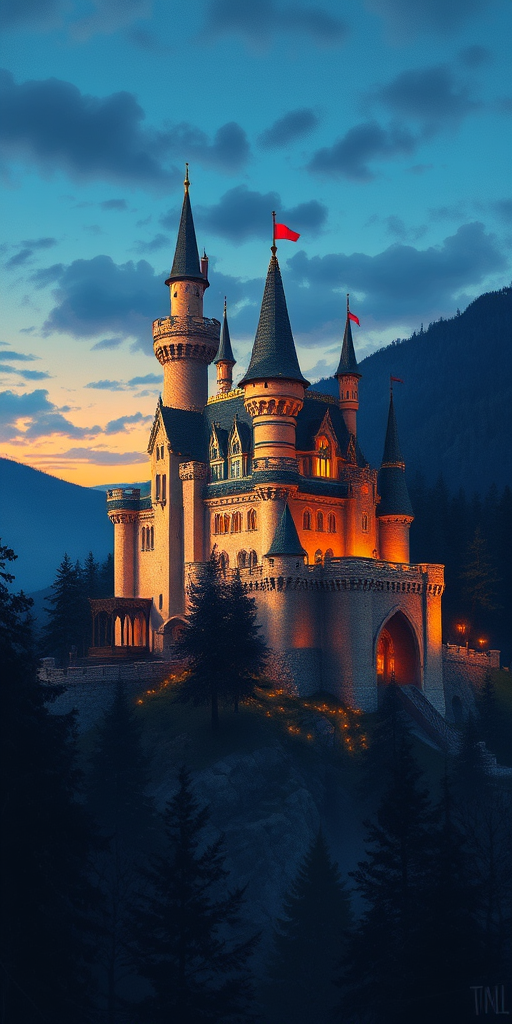 Regenerate a detailed illustration of a fairytale castle on a hill, surrounded by dark trees, at twilight, using a DSLR camera set to f/8 aperture, ISO 200, 24mm lens, wide-angle view, in a vibrant, painterly style.