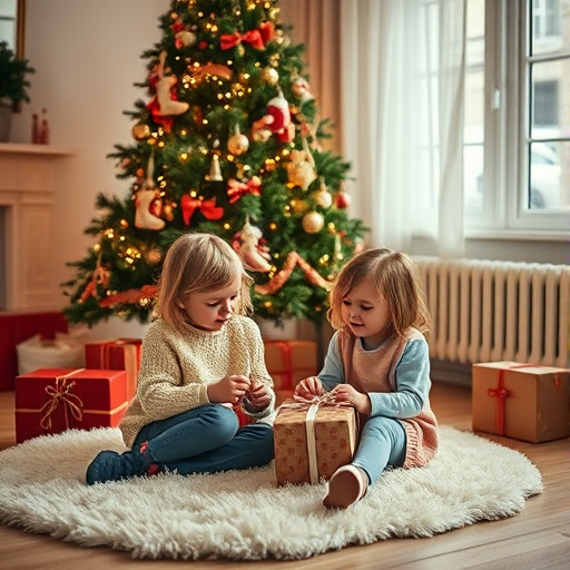 A cozy indoor scene featuring two kids sitting on a fluffy rug beside a beautifully decorated Christmas tree with lights and ornaments, capturing the joyful moment of gift exchange, natural lighting, 50mm lens, f/1.8 aperture, ISO 200, shallow depth of field, soft focus, warm tone.