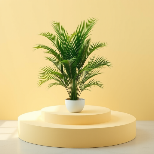 Create a minimalist scene featuring three concentric circular platforms in varying heights, painted in soft pastel yellow tones, with a lush green palm plant in a modern white planter, using a Canon EOS R5 camera at f/4.0, ISO 100, 1/60 sec, shot from a low angle to emphasize depth and clarity, in natural soft lighting to enhance texture and color vibrancy.