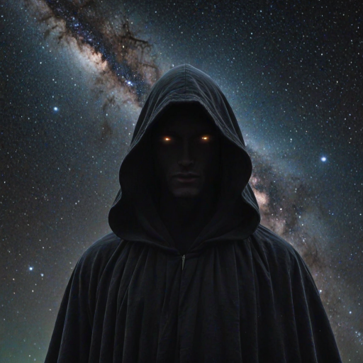 A mysterious hooded figure stands silently, the dark cloak flowing around them like shadows. Beneath the hood, their face is a mesmerizing cosmic scene where swirling galaxies, radiant stars, and vibrant planets form the features. Nebulas drift where eyes should be, glowing softly, while delicate streaks of cosmic energy trace the outlines of a nose and lips. Comets streak across the vastness of their face, and faint constellations pulse with life. The entire visage shifts and evolves as if the universe itself is contained within the figure, giving an ethereal, otherworldly presence to their form.