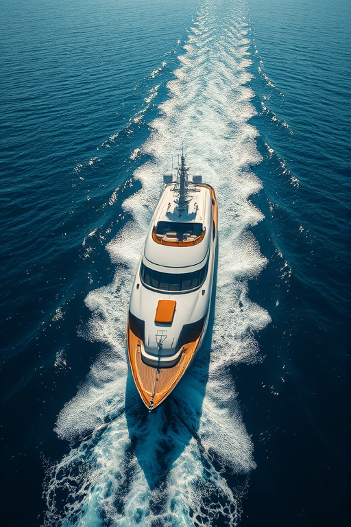 A luxury yacht cruising through deep blue ocean waters, captured from a bird's-eye view, with a focal length of 50mm, aperture set to f/4, ISO 100, and sunlight casting soft reflections on the water, using a DSLR camera.