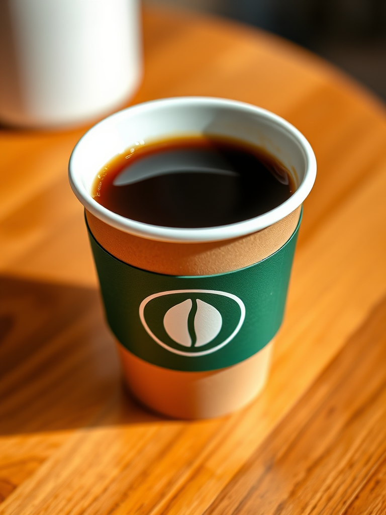 Regenerate a stylized coffee cup, featuring a green band with a coffee bean symbol, captured with a Canon EOS R, 50mm f/1.8 lens, ISO 100, aperture f/4, natural lighting, top-down view for enhanced detail and clarity.