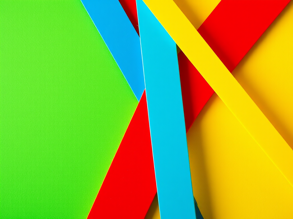 Create an abstract composition featuring four intersecting lines in vibrant colors: green, red, yellow, and blue, captured with a DSLR camera using a 50mm lens, aperture f/1.8, shutter speed 1/100s, high dynamic range, and shot from a top-down perspective to enhance clarity and color saturation.