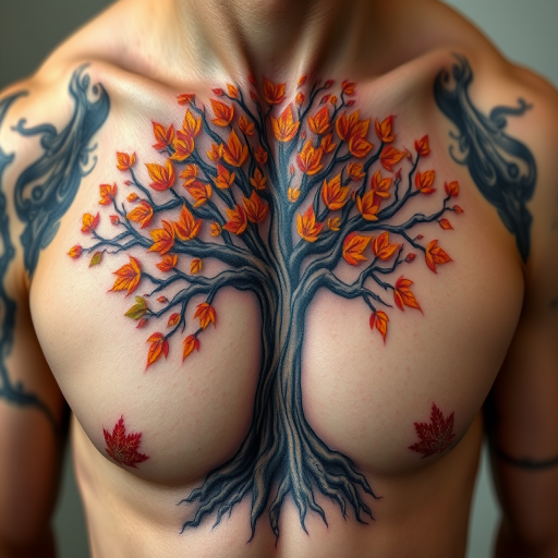 Realistic 3D body tattoo of a tree of life emerging from the skin on the chest, incorporating lifelike bark texture and vibrant autumn leaves for a stunning visual impact