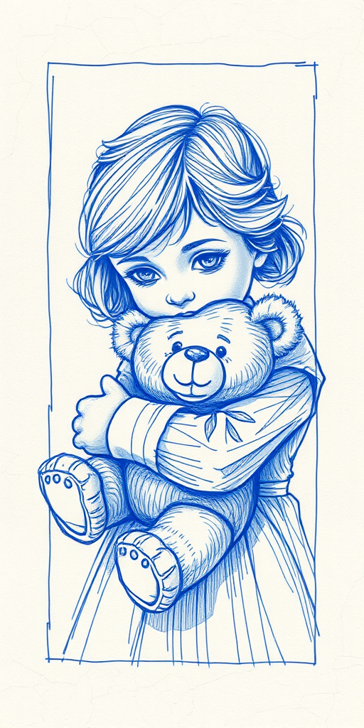 Crosshatching framed postcard line art blue pen, drawing, pressed burnt crackled paper, beautiful delicate drawing, visible strokes, quick sketch abstract, expressive graceful girl child hugging teddy bear toy, portrait, by Royo Quinji, Rockwell, shadow play, rough textures, perfect face, dynamic movement