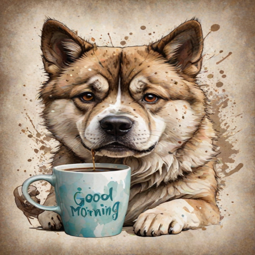 A quirky, artistic illustration of a disheveled akita pit dog breed with exaggerated, large eyes and spiky fur, holding a coffee mug that reads "Good Morning". The dog has a tired but humorous expression, with ink splatters and abstract details surrounding it, giving a whimsical feel to the image. The color palette is mostly monochrome with hints of brown in the eyes and steam rising from the mug, enhancing the overall sleepy vibe