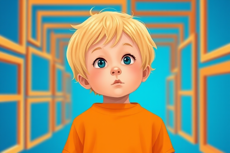 create an illustration of a child with blond hair wearing an orange shirt looking into a series of infinitely receding frames, vibrant blue background, simulated 35mm film, f/8 aperture, ISO 400, 50mm lens, soft focus effect to enhance image depth