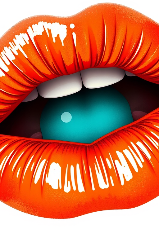 Create a vibrant illustration of an orange lip print with detailed textures and a teal center, shot with a Canon EOS 5D Mark IV, 50mm lens, aperture f/2.8, ISO 100, in a well-lit studio setting.