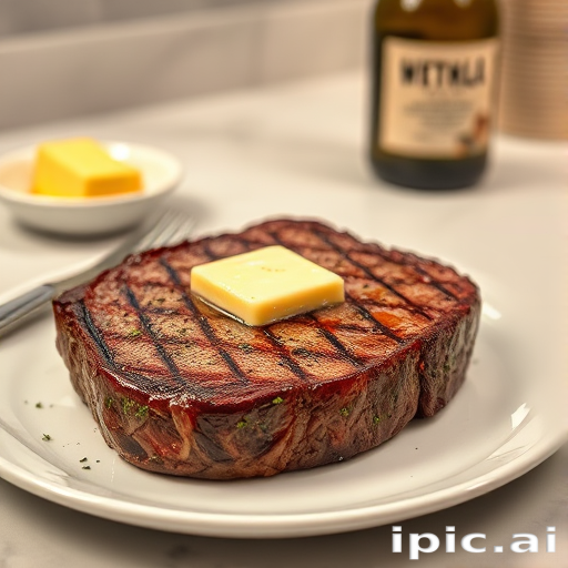 Create an image of a perfectly seared ribeye steak, resting on a white plate with a pat of melting butter on top. The steak is seasoned with fresh herbs like thyme and parsley, with glistening juices highlighting the texture of the meat. The background features a soft focus on a light, marble countertop, with a small dish of butter and an olive oil bottle in the distance. The overall mood should be warm and inviting, capturing the deliciousness and juiciness of the steak.