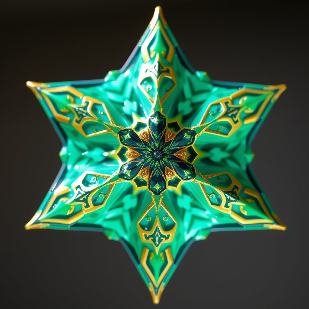 Create a vibrant star-shaped object with intricate patterns in teal and gold, using a DSLR camera with a 50mm lens, aperture set to f/1.8, ISO 100, shooting from a low angle, in soft natural light to enhance details and colors.