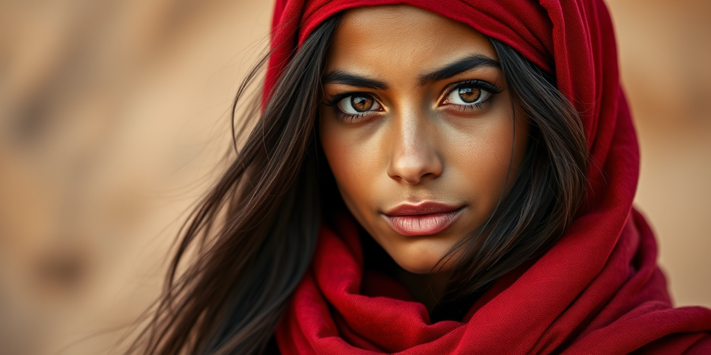 Create a portrait of a young Berber woman with long, dark hair and captivating hazel eyes. She is wearing a red headscarf and a matching scarf draped gracefully around her neck. The background is softly blurred, focusing attention on her serene and natural expression. The overall color palette is muted and warm, enhancing the intimate and authentic feel of the portrait.