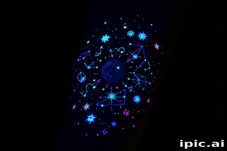 Mystical UV ink tattoo titled "Celestial Secrets" revealing hidden constellations and cosmic imagery when exposed to blacklight, creating a magical and otherworldly effect on the forearm