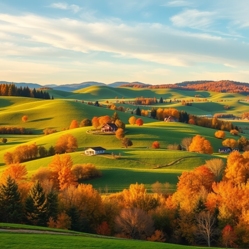 Capture a vibrant landscape of rolling green hills with quaint farmhouses nestled among trees in autumn colors, using a DSLR camera with a 24mm lens at f/8, ISO 100, with a wide-angle view, in natural light during golden hour for enhanced image quality.