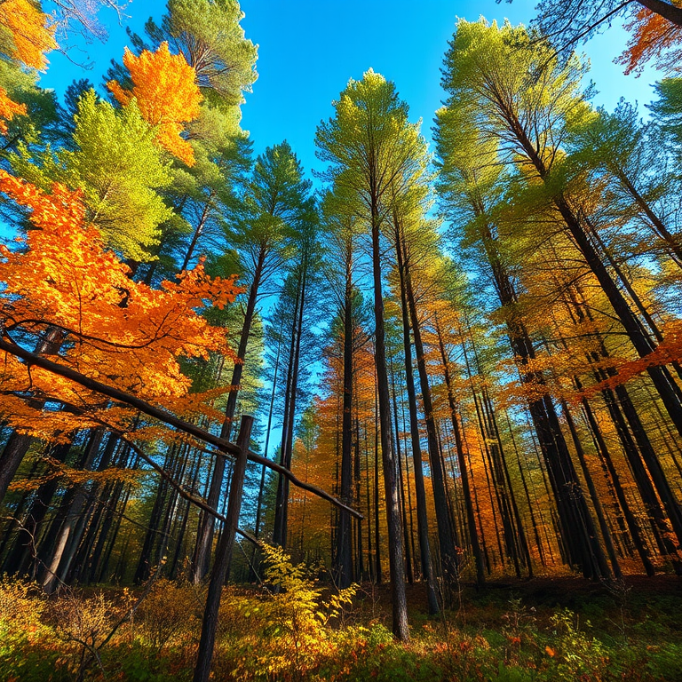 Regenerate an image of a colorful forest with tall trees reaching into a clear blue sky, capturing vibrant greens and warm autumn tones in the underbrush, shot with a DSLR camera at f/8 aperture, ISO 100, 24mm wide-angle lens, with a slightly elevated viewpoint to enhance depth and perspective.