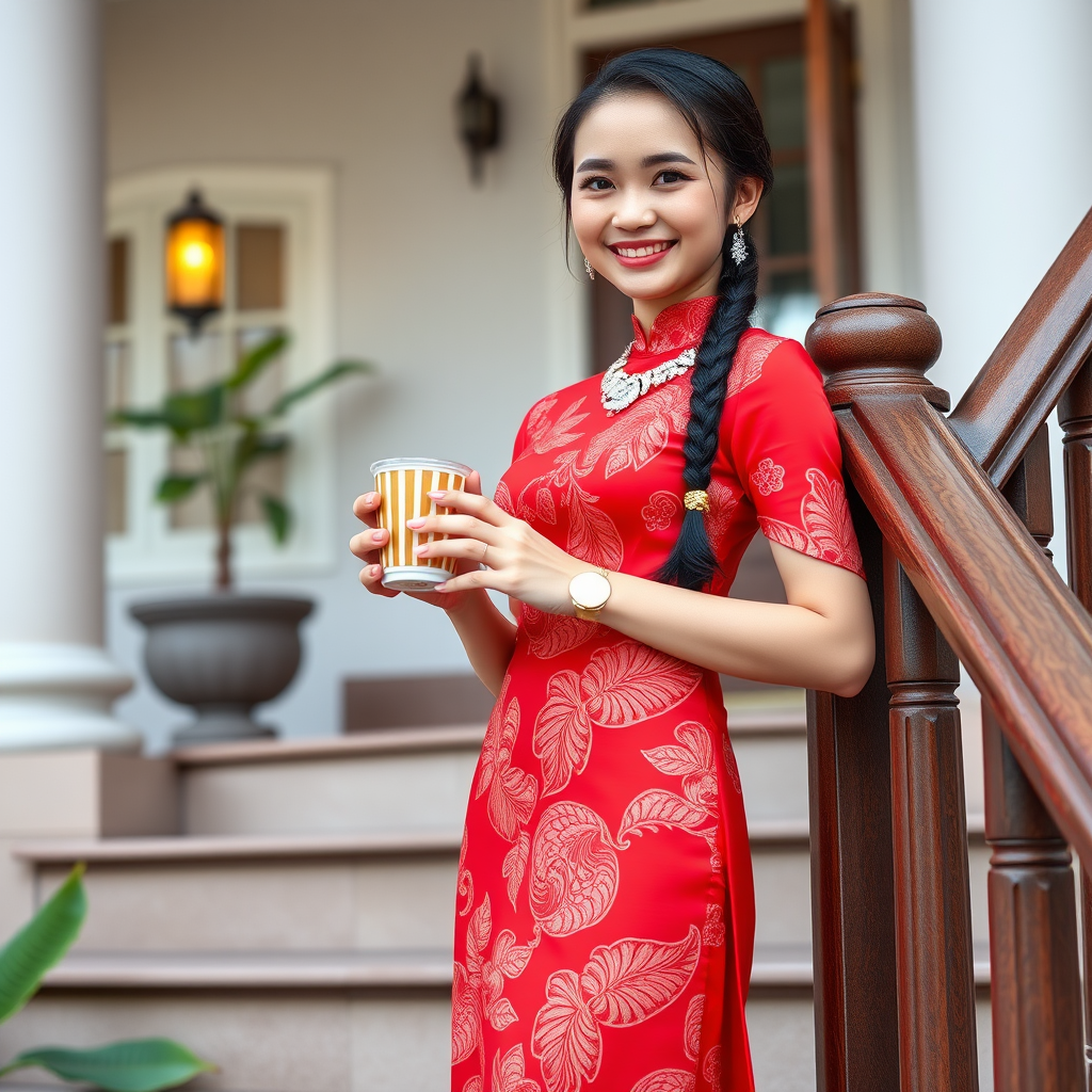 Chinese girl with a sweet smile wearing a red shivalai Thai dress, diamond jewelry, braided hair, holding a cup of hot coffee, wearing white high heels, standing on the stairs, Thai style house.