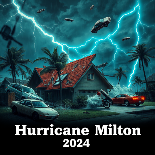 Hurricane Milton blows a roof off a home. Strong winds and rain blows sideways. Palm trees uprooted and bent over. Cars flying through the sky with debris. Sky is dark with thunder storms. Lightning strikes are fluorescent blue. Add text Hurricane Milton 2024