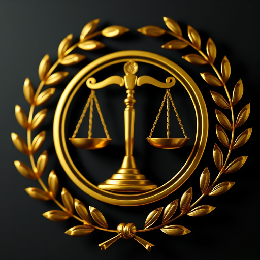Create a high-resolution 3D render of a golden scales of justice emblem surrounded by an olive wreath, using a 50mm lens at f/8, ISO 100, 1/200 sec shutter speed, with a softbox lighting setup to enhance the golden details and reflections, viewed from a slight angle to give depth.