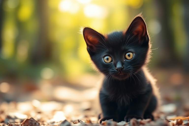Create a cute black kitten with large, expressive orange eyes sitting in a sunlit forest clearing with soft bokeh background, shot with a DSLR camera at f/2.8, 50mm lens, ISO 100, natural lighting to enhance colors and details.