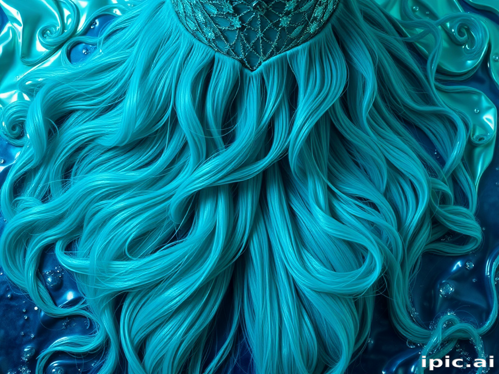 Vibrant teal mermaid waves cascading down to the waist, shimmering with iridescent highlights, creating a mesmerizing oceanic illusion known as "Siren's Embrace"