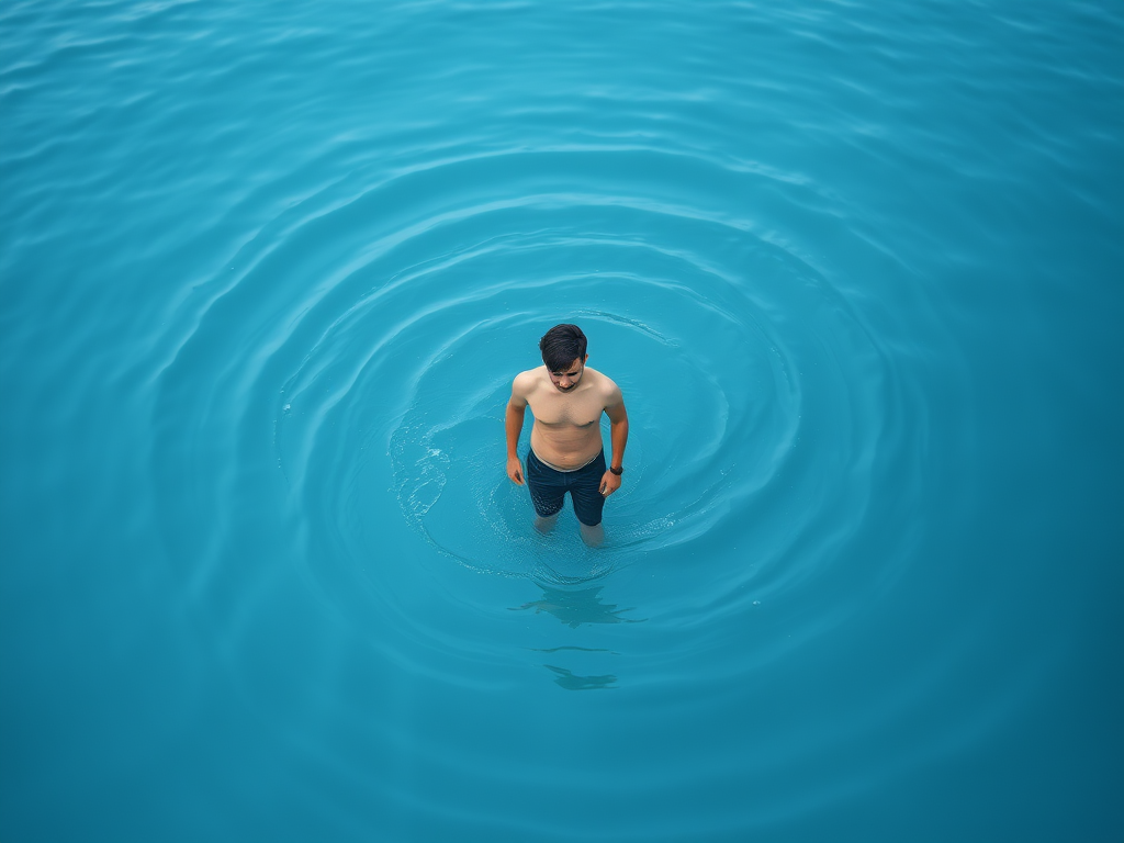 Generate an image of a person standing in shallow water, with an abstract representation of water swirling around them in shades of blue, captured with a DSLR camera at ISO 100, f/2.8, 50mm lens, in a portrait orientation with a soft-focus background.