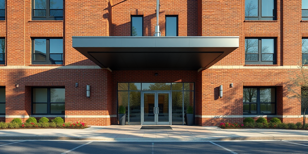 Create a rendered image of a modern brick building with a sleek overhanging entrance using a Canon EOS R5, 24mm lens, f/8 aperture, ISO 100, in wide-angle perspective, with natural lighting for enhanced detail and clarity.