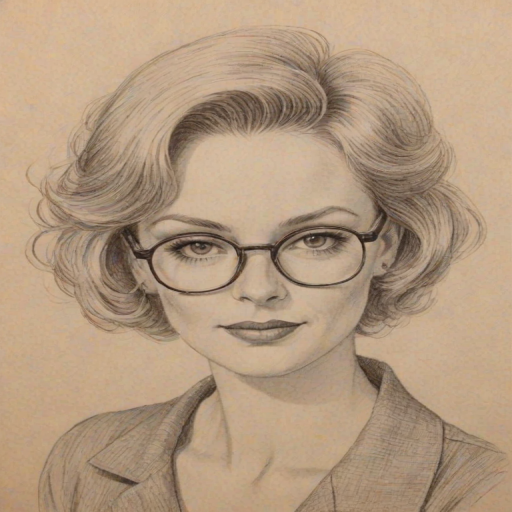 Radiant Julia Duffy, pencil sketch, portrait of Appealing woman 1926s in glasses, hair style beatnik, outline, clear lines, fine lines, 8k