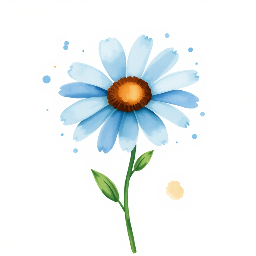 A single blue daisy flower in a loose, whimsical watercolor style. The petals are unevenly spread, with soft blue and brown tones. The stem is thin and slightly curved, with two green leaves, while watercolor splatters create an organic, artistic effect around the flower. The background is light beige with natural watercolor textures and splashes.