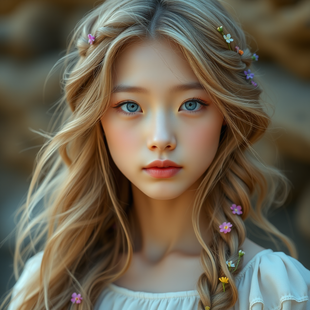 Create an image of a young Korean woman with long, wavy blonde hair, adorned with small, colorful flowers woven into her braids and loose strands. Her complexion is fair, with soft, glowing skin, and she has light blue eyes that gaze softly at the viewer. She wears a light, flowing dress with a gentle, ethereal quality, complementing her delicate and serene appearance. The background is slightly blurred, drawing focus to her tranquil expression and the intricate details of the flowers in her hair. The overall mood of the image is one of natural beauty and grace, evoking a sense of peacefulness and connection with nature.