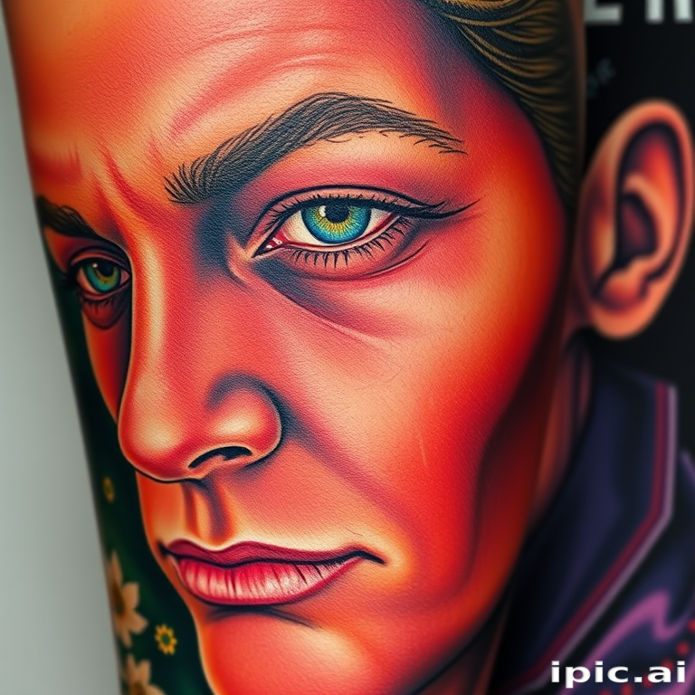 Hyper-realistic color portrait tattoo called "Living Canvas" showcasing a lifelike human face with incredible detail, texture, and depth using a full spectrum of vivid colors
