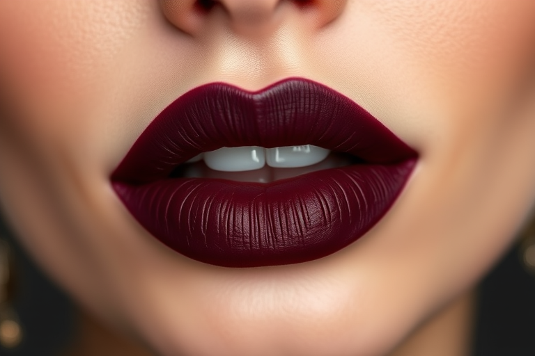 Matte deep burgundy lips with a velvet texture, called "Midnight Merlot," boasting long-lasting wear and a rich, wine-inspired hue for sophisticated elegance