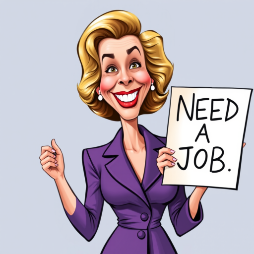 caricature of a smiling Lauren Bacall in a Vivid dress or suit, holding up a sign that says "NEED A JOB", no watermark,