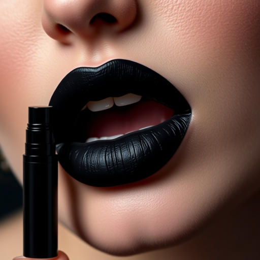 Intense "Ink Noir" liquid matte lipstick in deepest black, ultra-pigmented and smudge-proof formula, creating dramatic and gothic-inspired looks