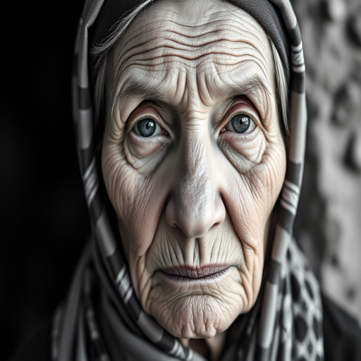 portrait of an elderly woman with deep wrinkles and a headscarf, natural light, 85mm lens, f/1.8 aperture, ISO 100, shallow depth of field, slight vignette, camera model Canon EOS R5, black and white film style