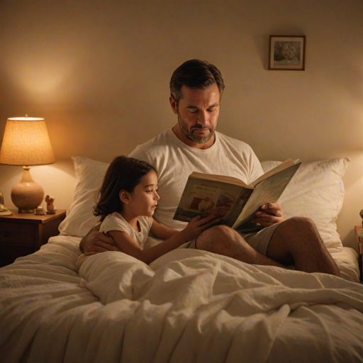 Warmly lit image of a father reading a bedtime story to his child, soft glow from a bedside lamp casting warm shadows on the walls, the smell of freshly washed linens filling the air, and a feeling of comfort and security.