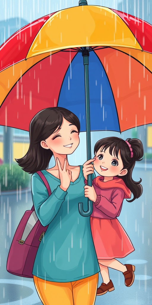 Create an illustration of a mother and daughter holding an umbrella in the rain, with a playful and joyful expression, captured from a slightly low angle to emphasize the umbrella, in a vibrant color palette, using digital art techniques for a clean and crisp finish, simulated with a Nikon D850 at f/5.6, ISO 100, and a 35mm lens.