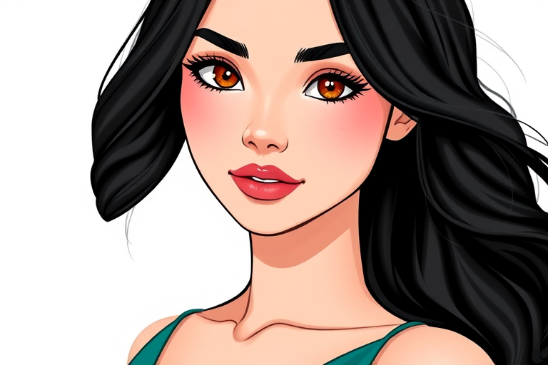 Create a high-resolution digital illustration of a young woman with long, wavy black hair and brown eyes, wearing a stylish teal dress, set against a plain white background, using a Canon EOS R5 with a 50mm f/1.2 lens, in portrait mode, with vibrant colors and smooth shading for a polished look.