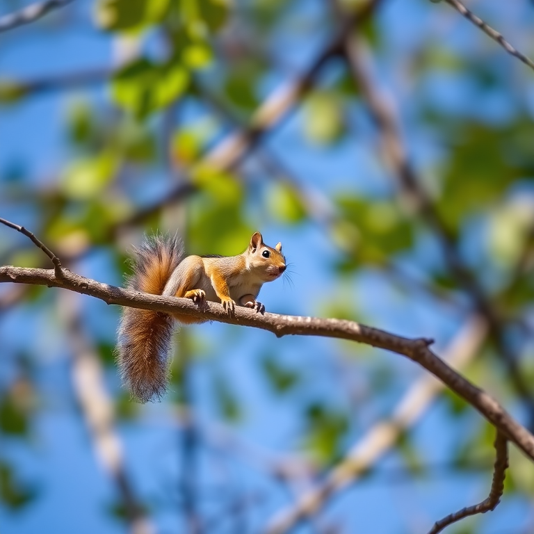 squirrel perched on a tree branch against a blue sky, shallow depth of field, natural light, 200mm lens, aperture f/4, ISO 400, shot from a slight low angle to capture detail and perspective