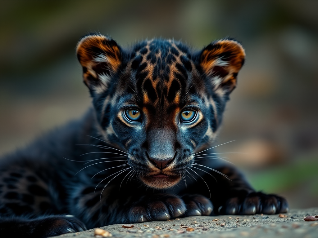 Create a highly detailed, realistic image of a black leopard cub sitting calmly, shot with a 50mm lens at f/1.8 to create a shallow depth of field, soft natural light, using a DSLR camera with a macro setting for enhanced texture.