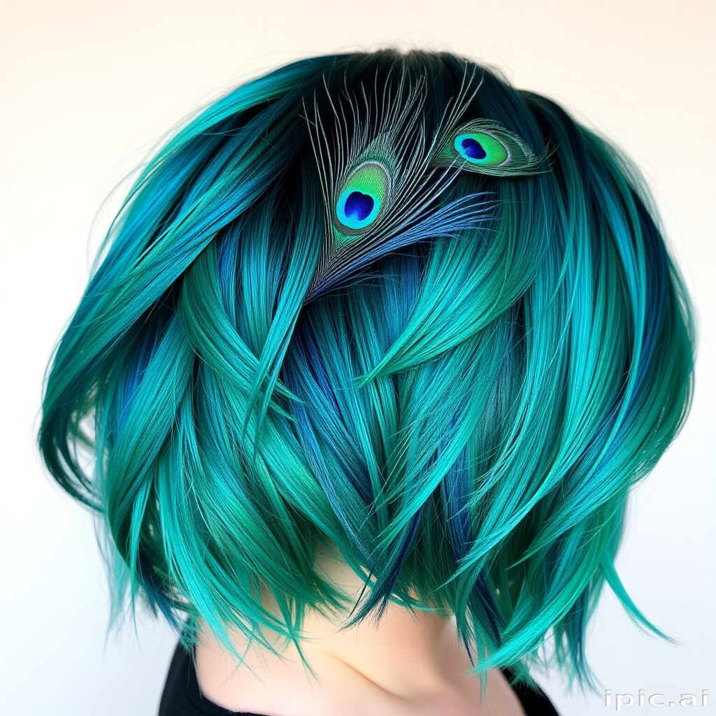 Vibrant peacock-inspired feathered bob featuring a blend of rich teals, emeralds, and sapphires with iridescent highlights throughout