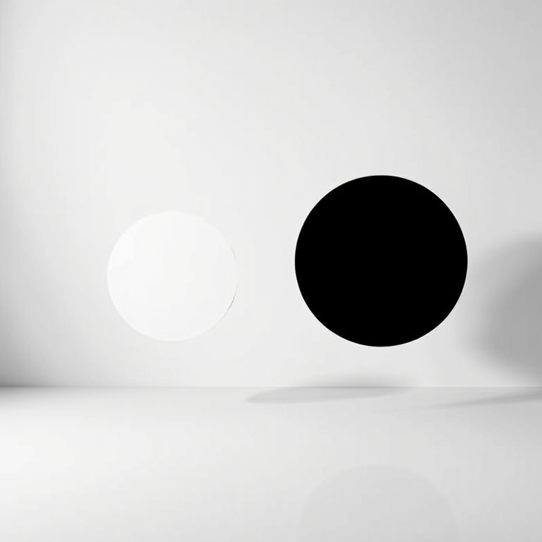 Generate a high-contrast black and white image of two abstract circles floating in a minimalist space, using a DSLR camera with a 50mm lens, f/1.8 aperture, ISO 100, shutter speed 1/100s, in a well-lit studio setting with soft diffused lighting.