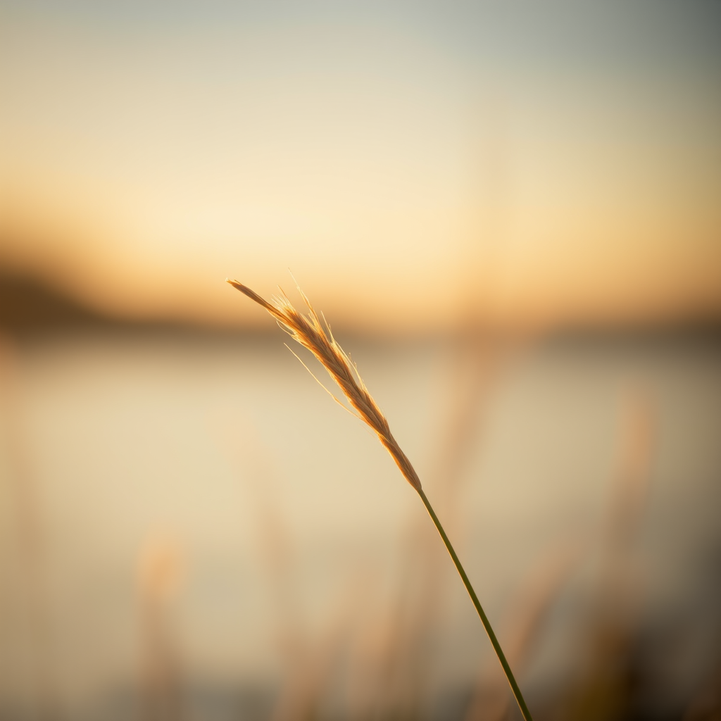 close-up of a delicate grass blade against a softly blurred water backdrop during golden hour, aperture f/1.8, shutter speed 1/250s, ISO 100, 50mm lens, shallow depth of field, DSLR camera